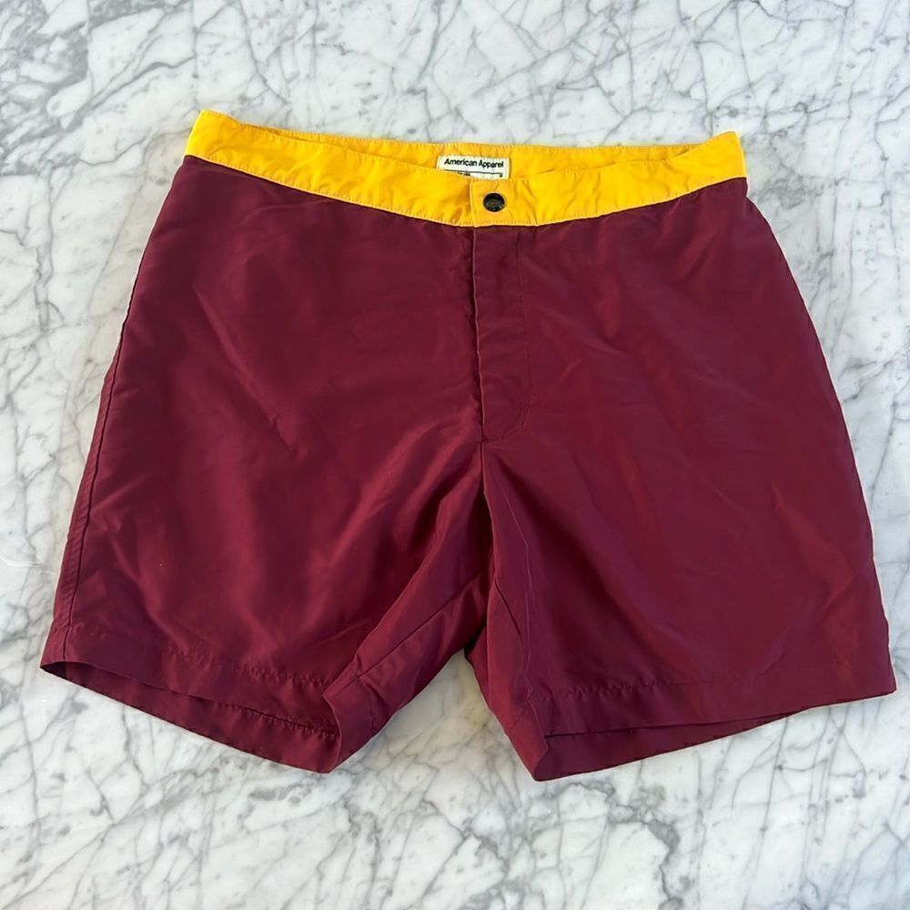 American Apparel Color Block Swim Trunks Mens M Yellow Burgundy USA